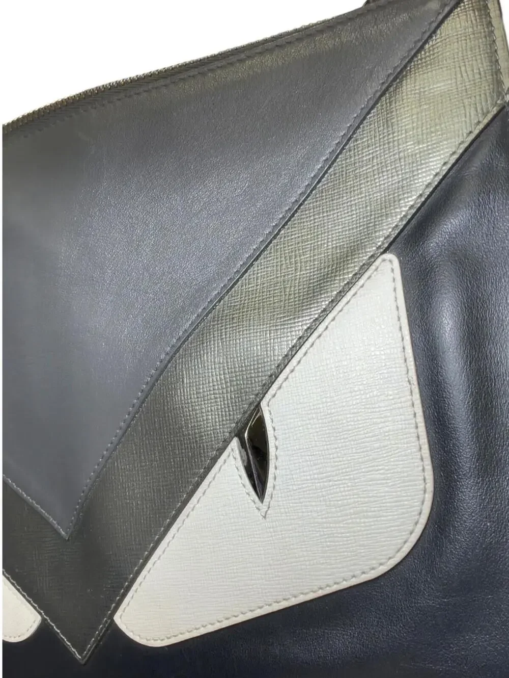 Fendi Black Leather Clutch Bag with Silver and Gray Eye Detail